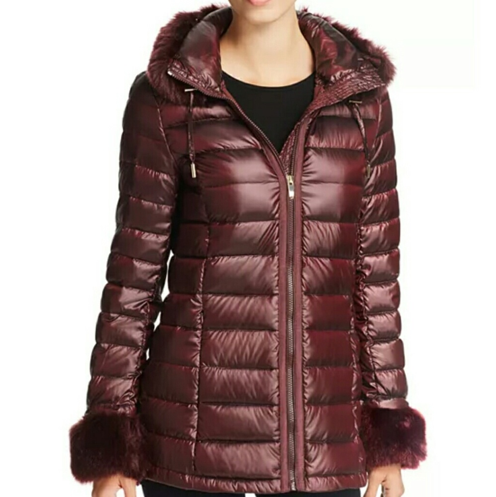 Burgundy Faux Fur Trim Lightweight Down Ja…
